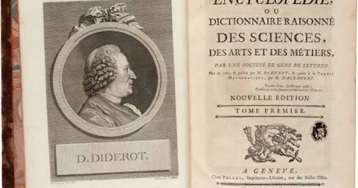 Portrait of Denis Diderot beside the title page of the Encyclopédie