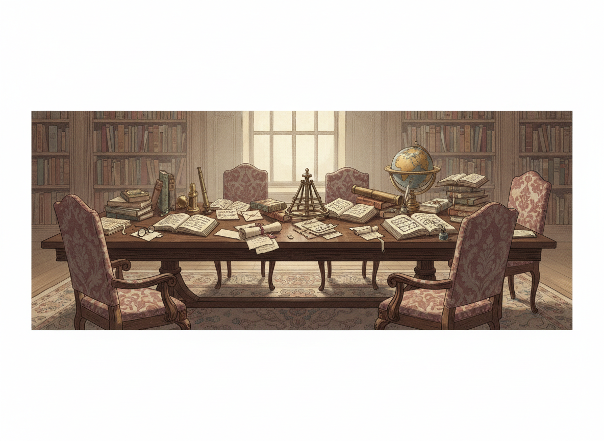 Illustration of an eighteenth-century reading table with books, correspondence, a globe and scientific instruments.