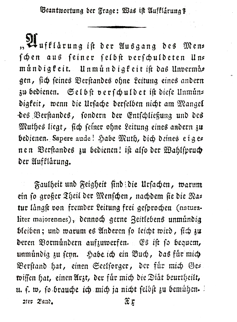 Opening page of Kant’s What Is Enlightenment? in a 1799 collection.